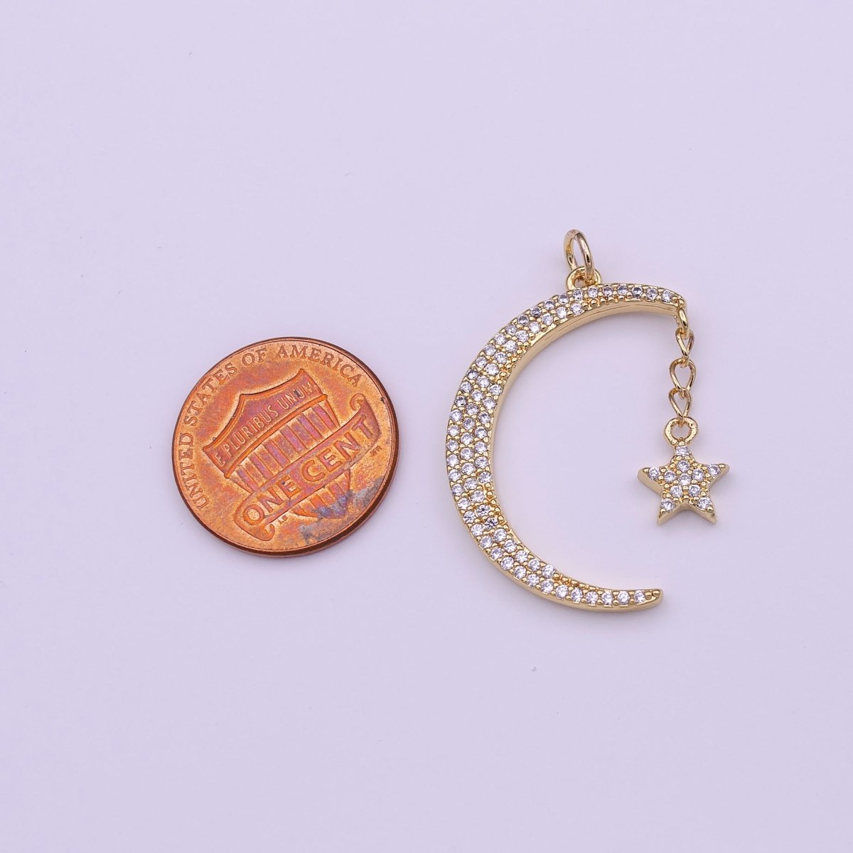 14K Gold Filled 30mm / 40mm Micro Paved CZ Celestial Crescent Moon Star Dangle Charm D-167