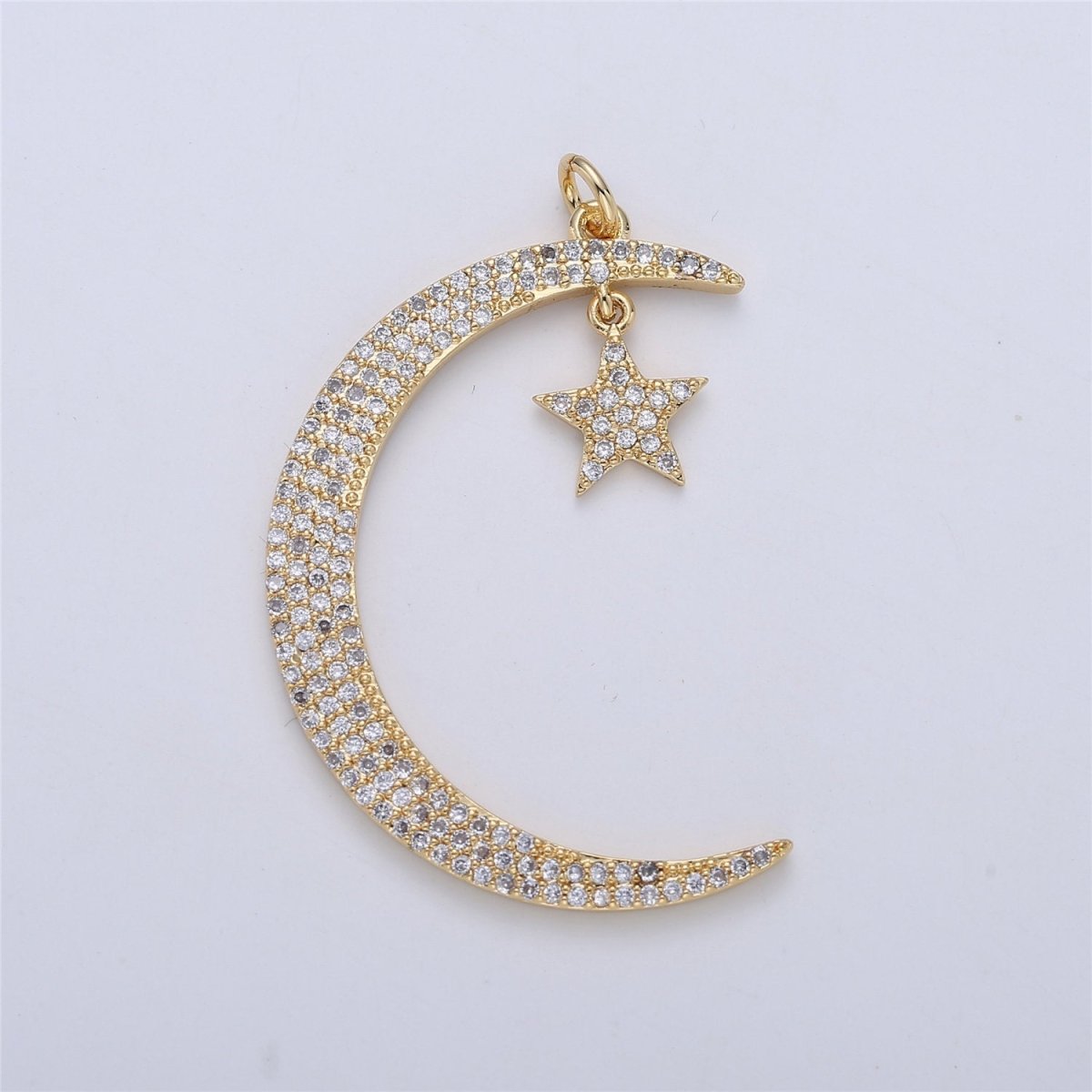 14K Gold Filled 30mm / 40mm Micro Paved CZ Celestial Crescent Moon Star Dangle Charm D-167
