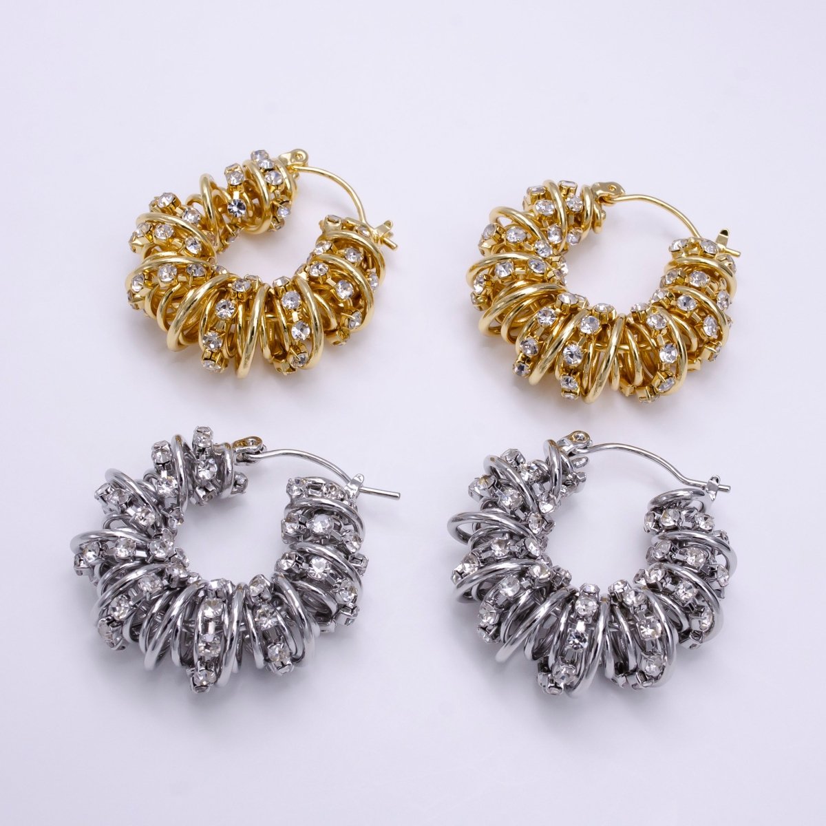 14K Gold Filled 30mm Clear CZ Multiple Spiral Band Latch Earrings in Gold & Silver | AE554 AE555