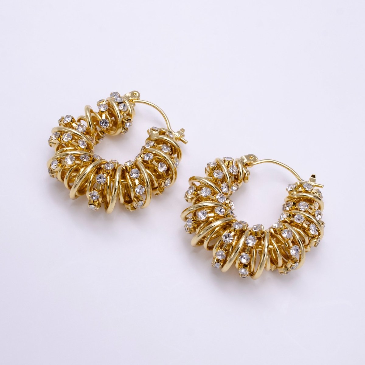 14K Gold Filled 30mm Clear CZ Multiple Spiral Band Latch Earrings in Gold & Silver | AE554 AE555