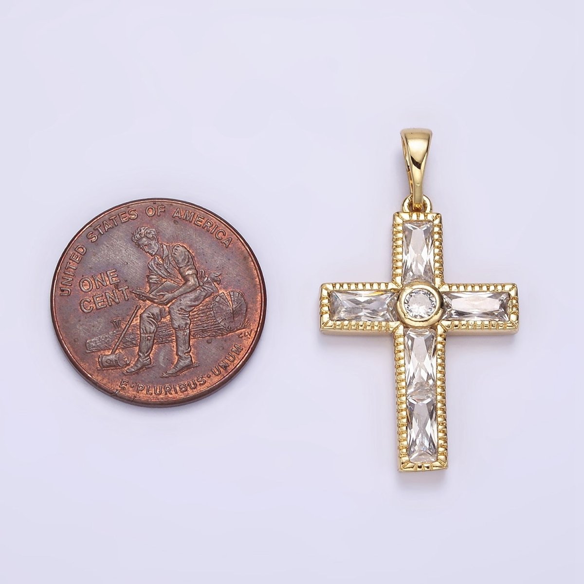 14K Gold Filled 30mm Clear CZ Round Baguette Lined Textured Pendant | AA725 - DLUXCA