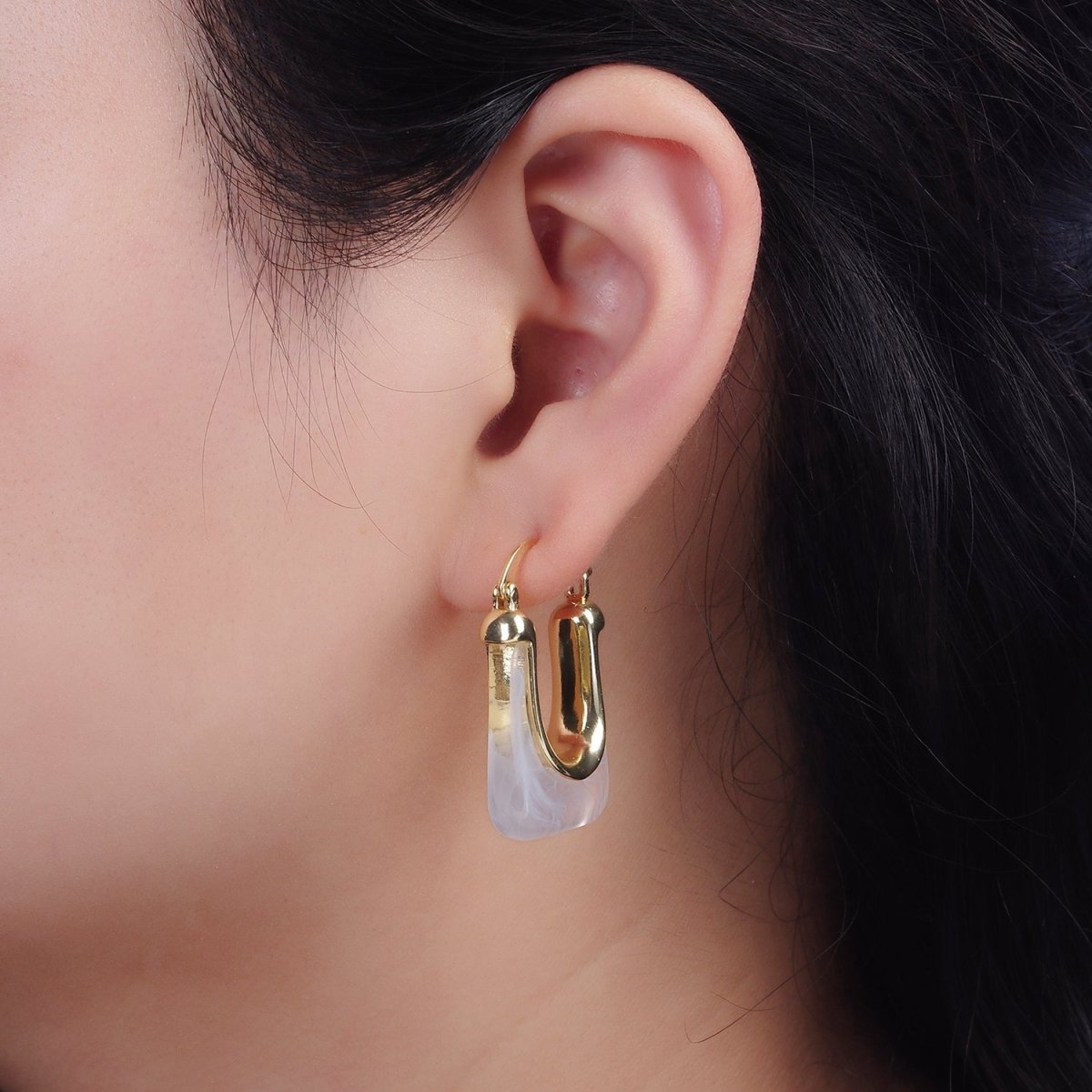14K Gold Filled 30mm Clear, Grey, Cream, Mint, Brown, Green Resin U-Shaped Rectangular Latch Hoop Earrings | AE159 AE160 AE176 AE367 AE368 AE373