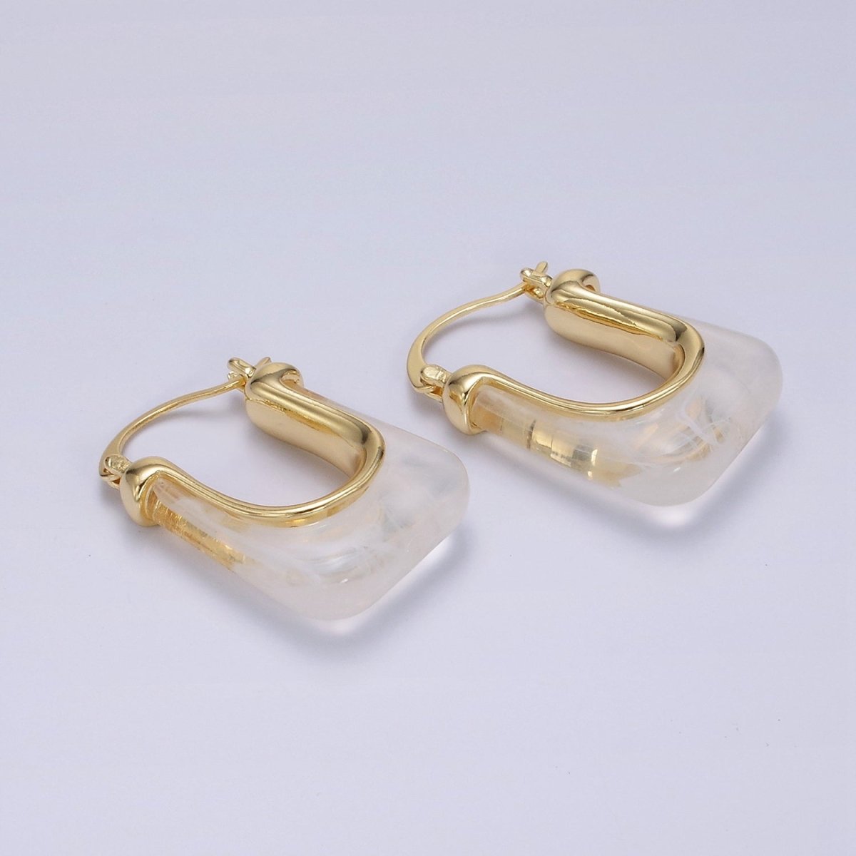14K Gold Filled 30mm Clear, Grey, Cream, Mint, Brown, Green Resin U-Shaped Rectangular Latch Hoop Earrings | AE159 AE160 AE176 AE367 AE368 AE373
