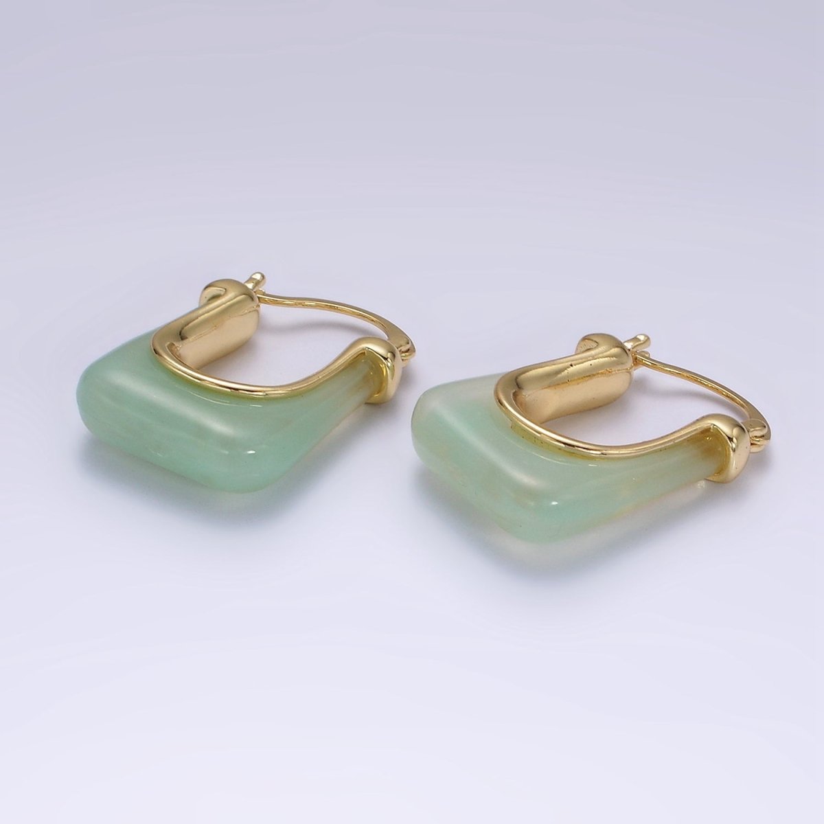 14K Gold Filled 30mm Clear, Grey, Cream, Mint, Brown, Green Resin U-Shaped Rectangular Latch Hoop Earrings | AE159 AE160 AE176 AE367 AE368 AE373