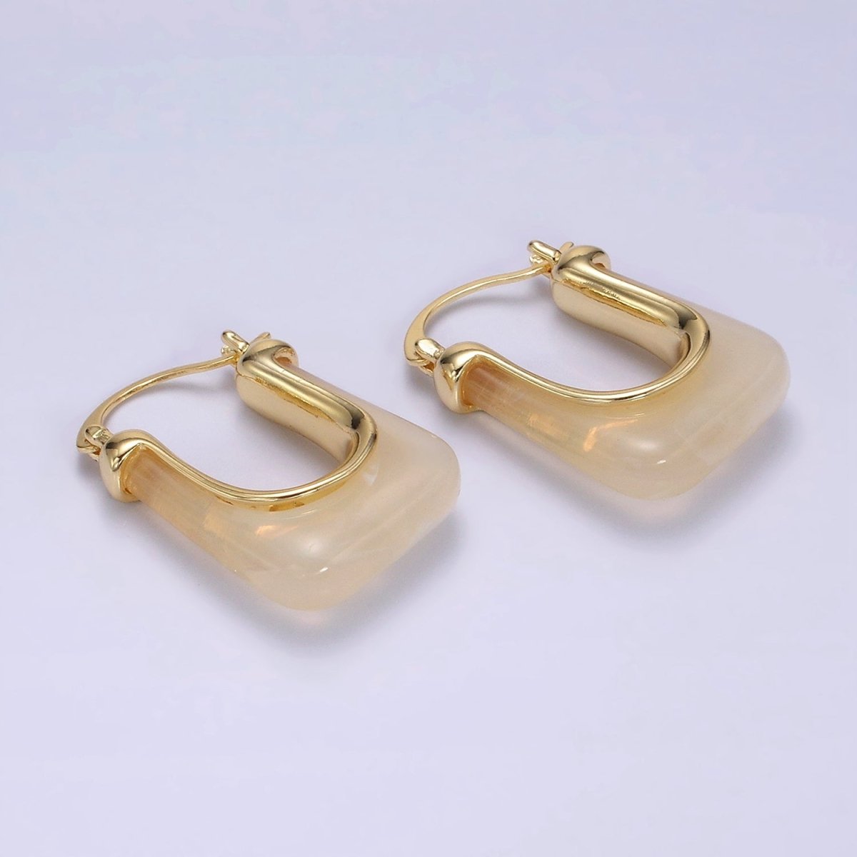 14K Gold Filled 30mm Clear, Grey, Cream, Mint, Brown, Green Resin U-Shaped Rectangular Latch Hoop Earrings | AE159 AE160 AE176 AE367 AE368 AE373