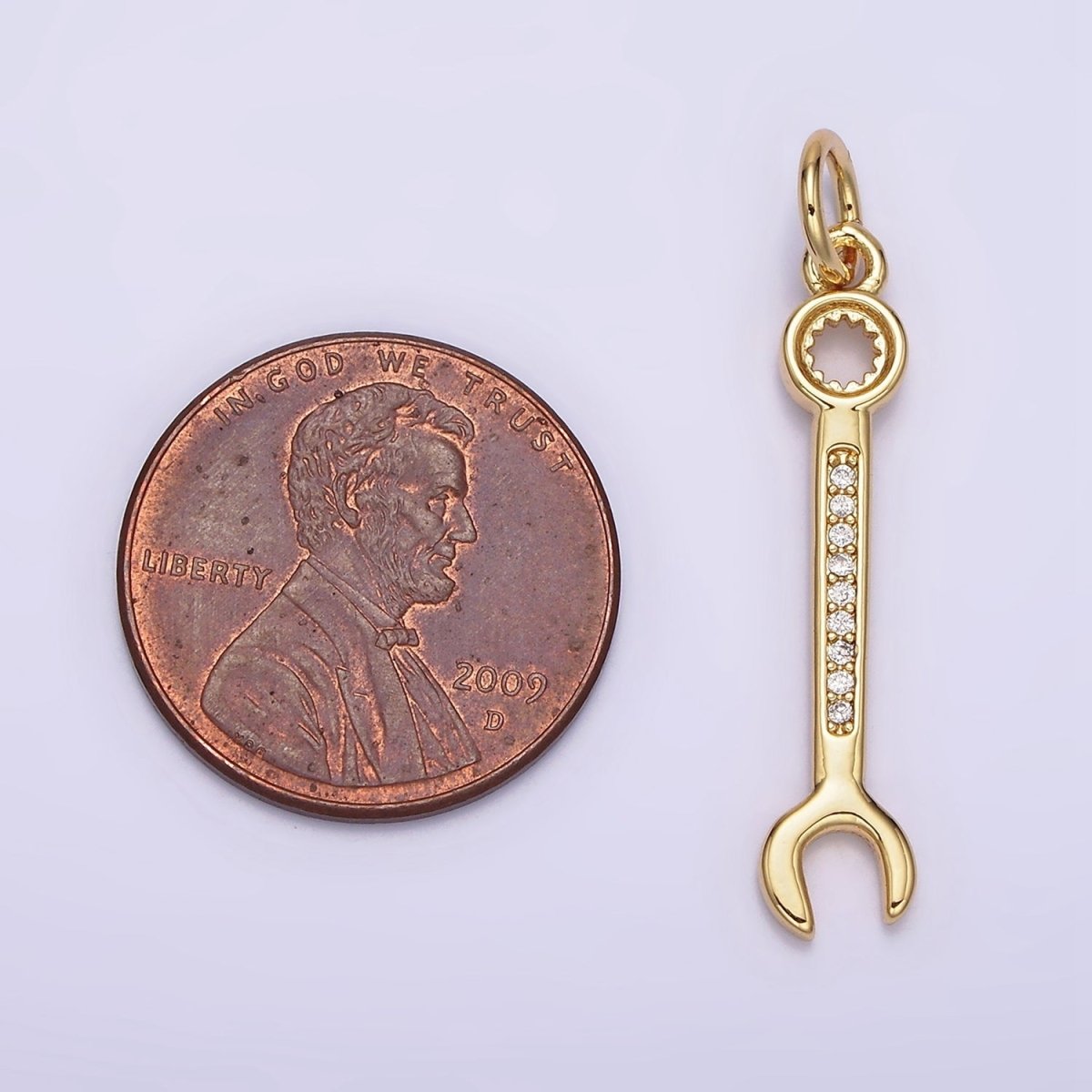 14K Gold Filled 30mm Clear Micro Paved CZ Combination Wrench Construction Tool Charm | N1102 - DLUXCA
