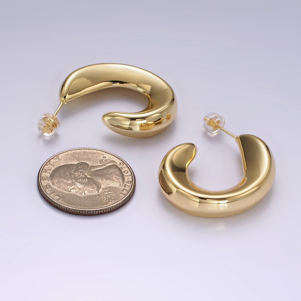 14K Gold Filled 30mm Edged Minimalist J-Shaped Hoop Earrings in Gold & Silver | AE369 AE364