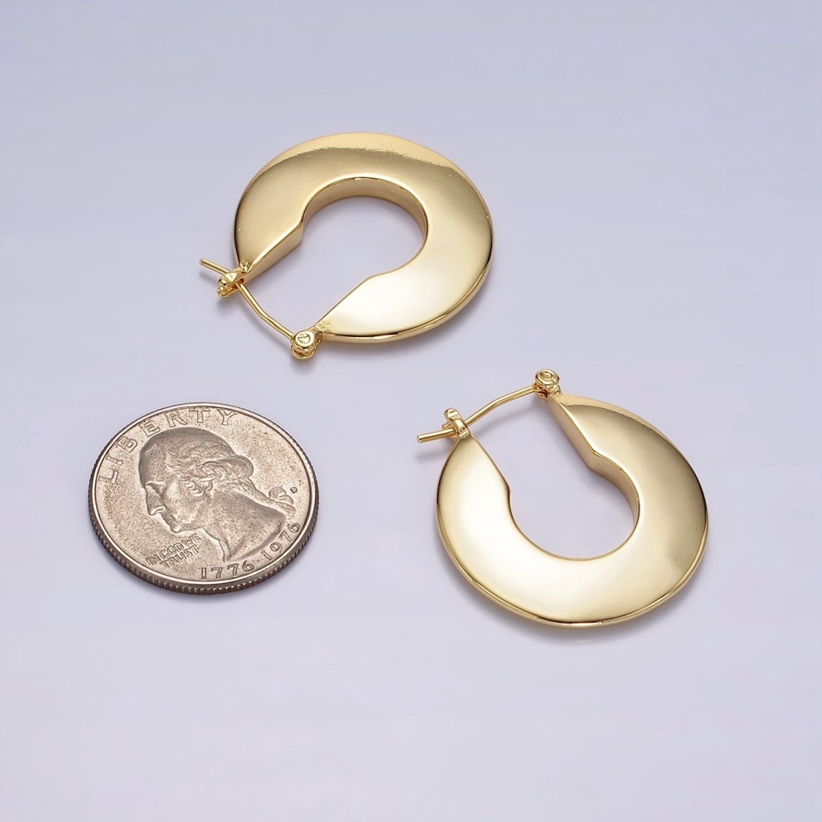 14K Gold Filled 30mm Flat Round Geometric Modern Statement  Latch Hoop Earrings in Gold & Silver | AE124 AE125