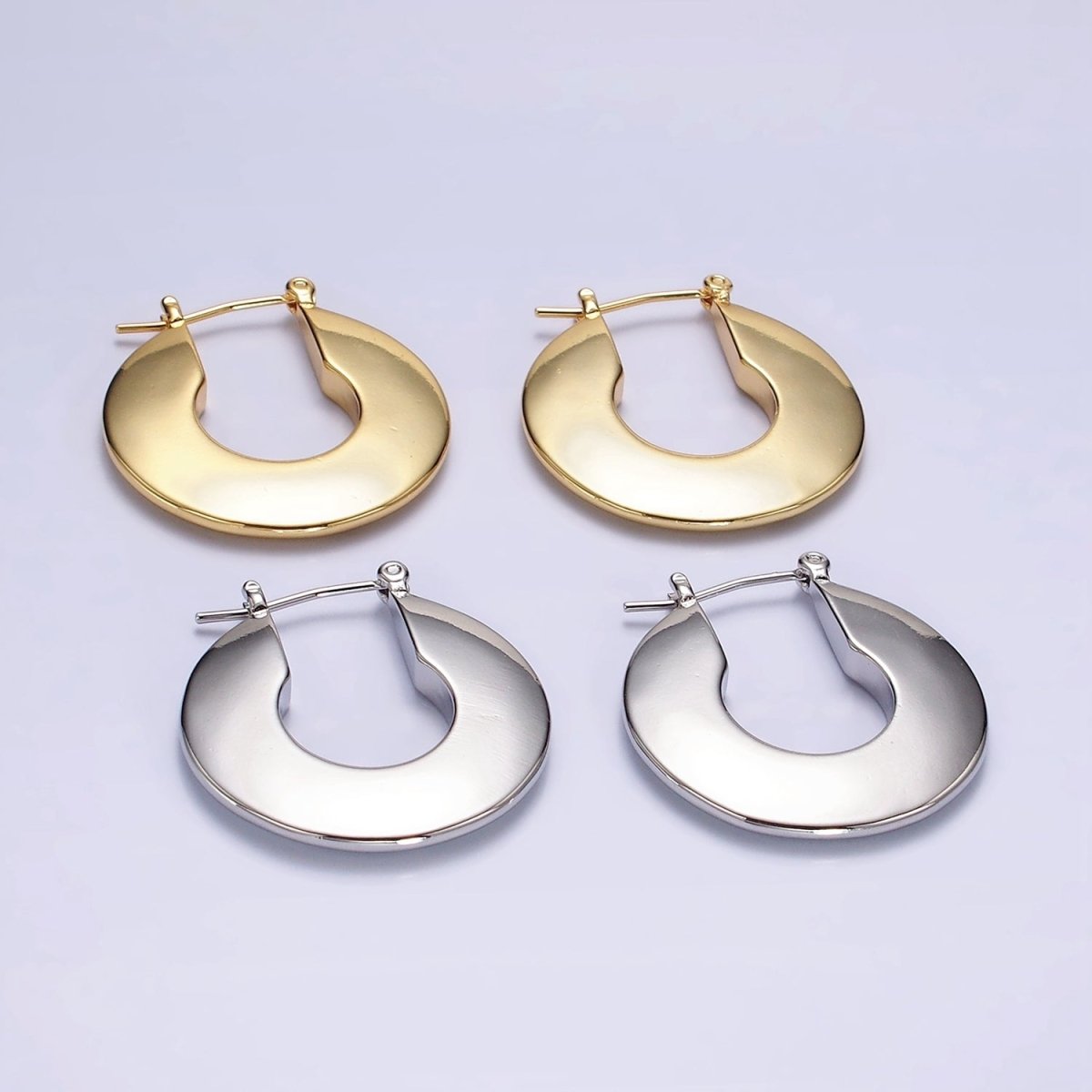 14K Gold Filled 30mm Flat Round Geometric Modern Statement  Latch Hoop Earrings in Gold & Silver | AE124 AE125