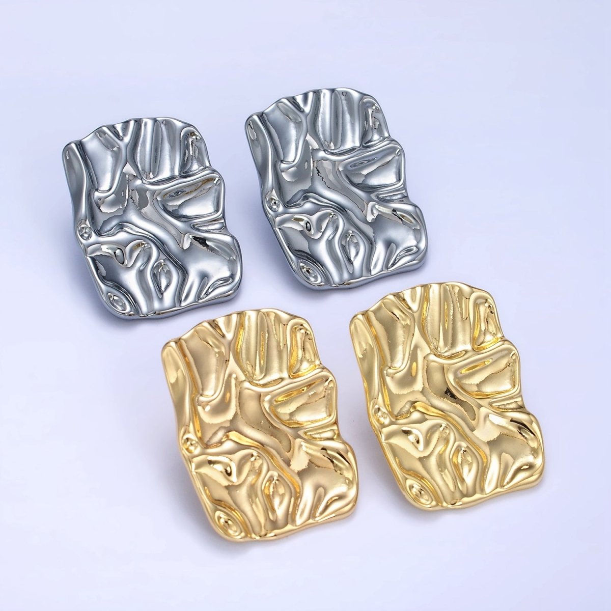 14K Gold Filled 30mm Hammered Foil Rectangular Bar Stud Earrings in Gold &Silver | P474 P475