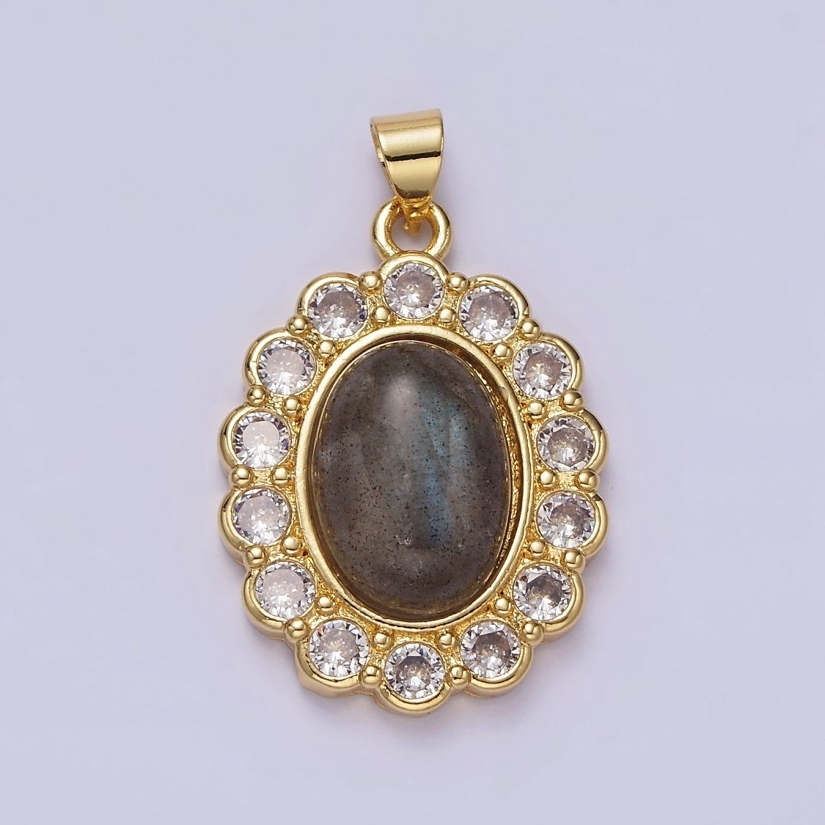 14K Gold Filled 30mm Labradorite Cabochon Rounded Clear CZ Oval Pendant | AA680 - DLUXCA