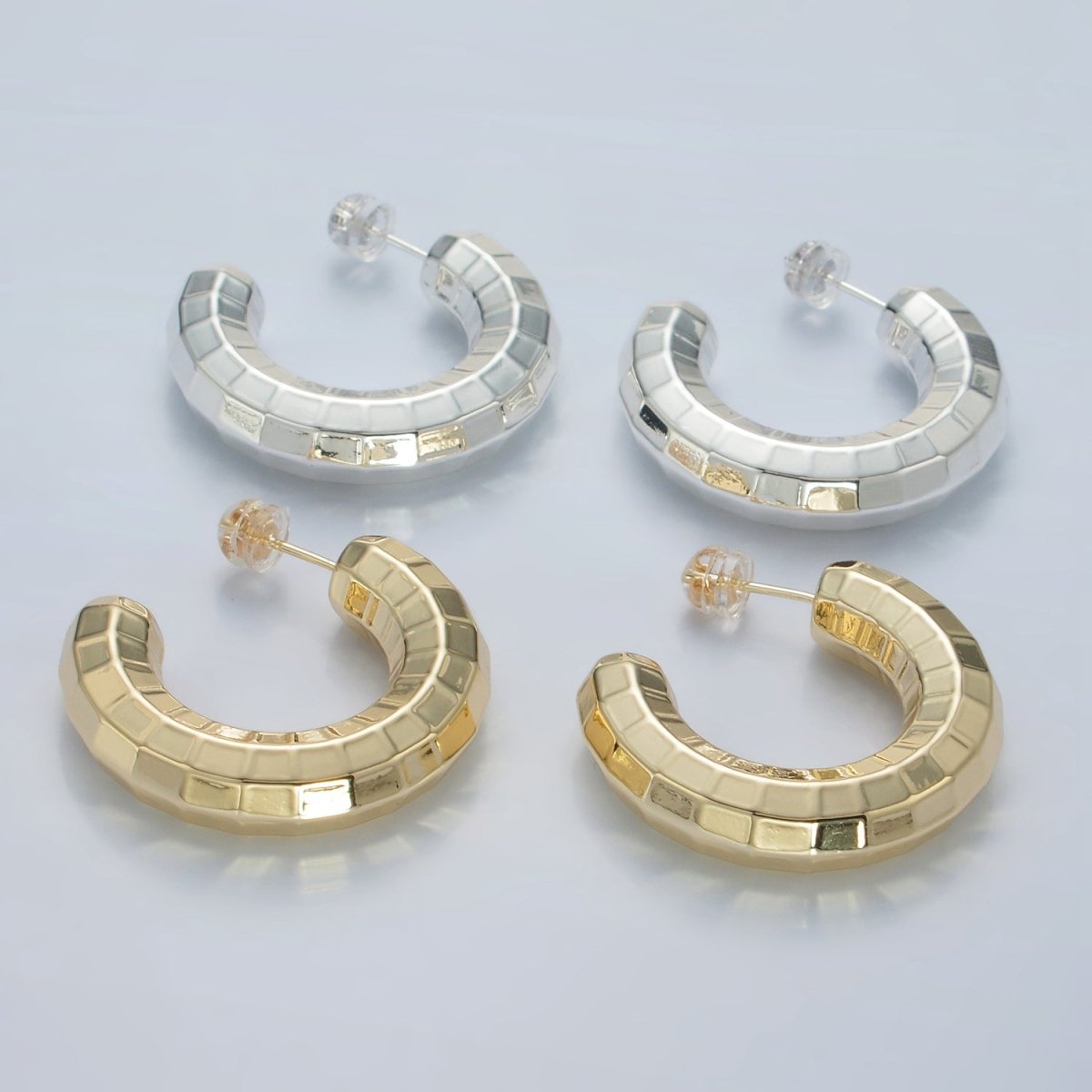 30mm Lightweight Multifaceted C-Shaped Hoop Earrings in Gold & Silver | AD675 AD676
