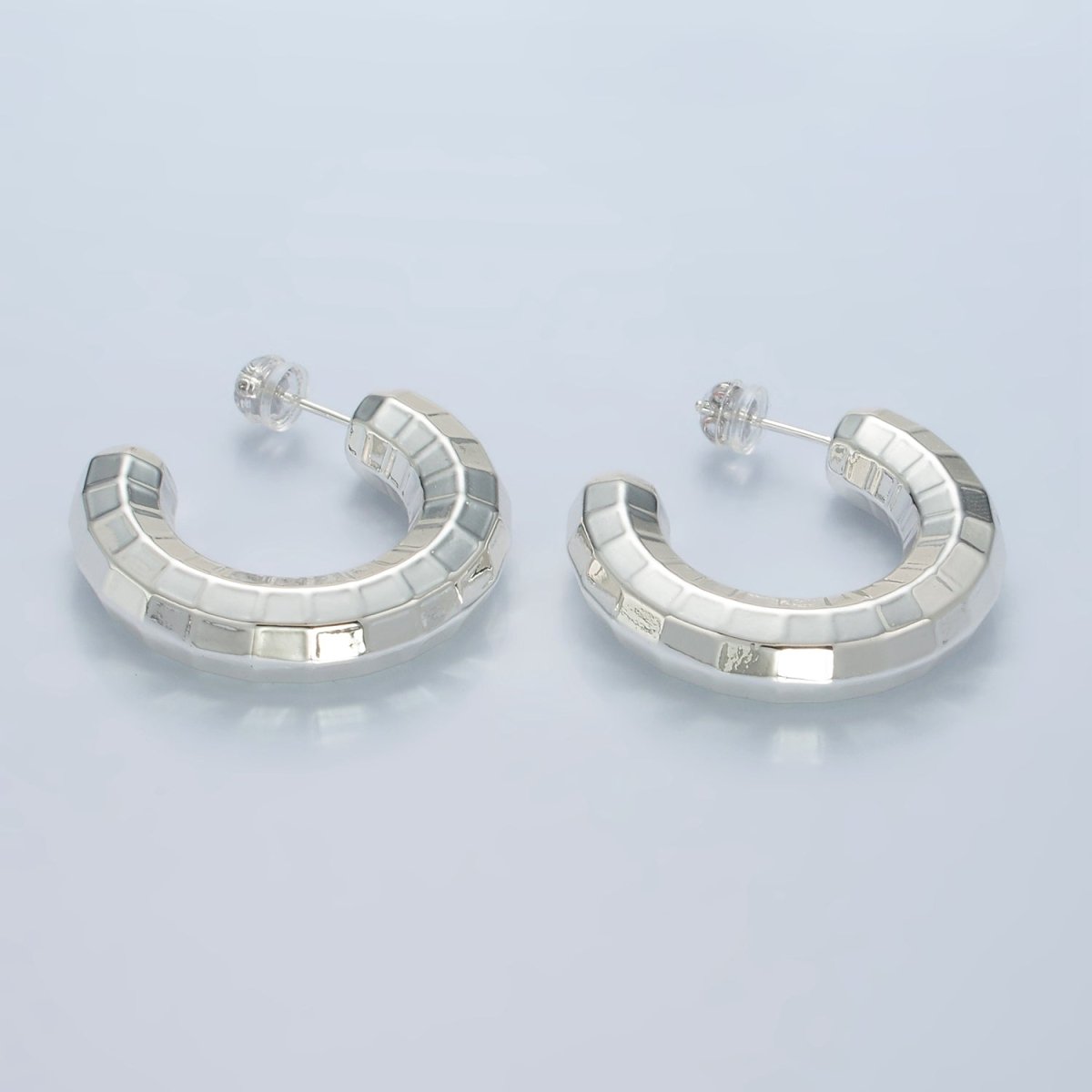 30mm Lightweight Multifaceted C-Shaped Hoop Earrings in Gold & Silver | AD675 AD676