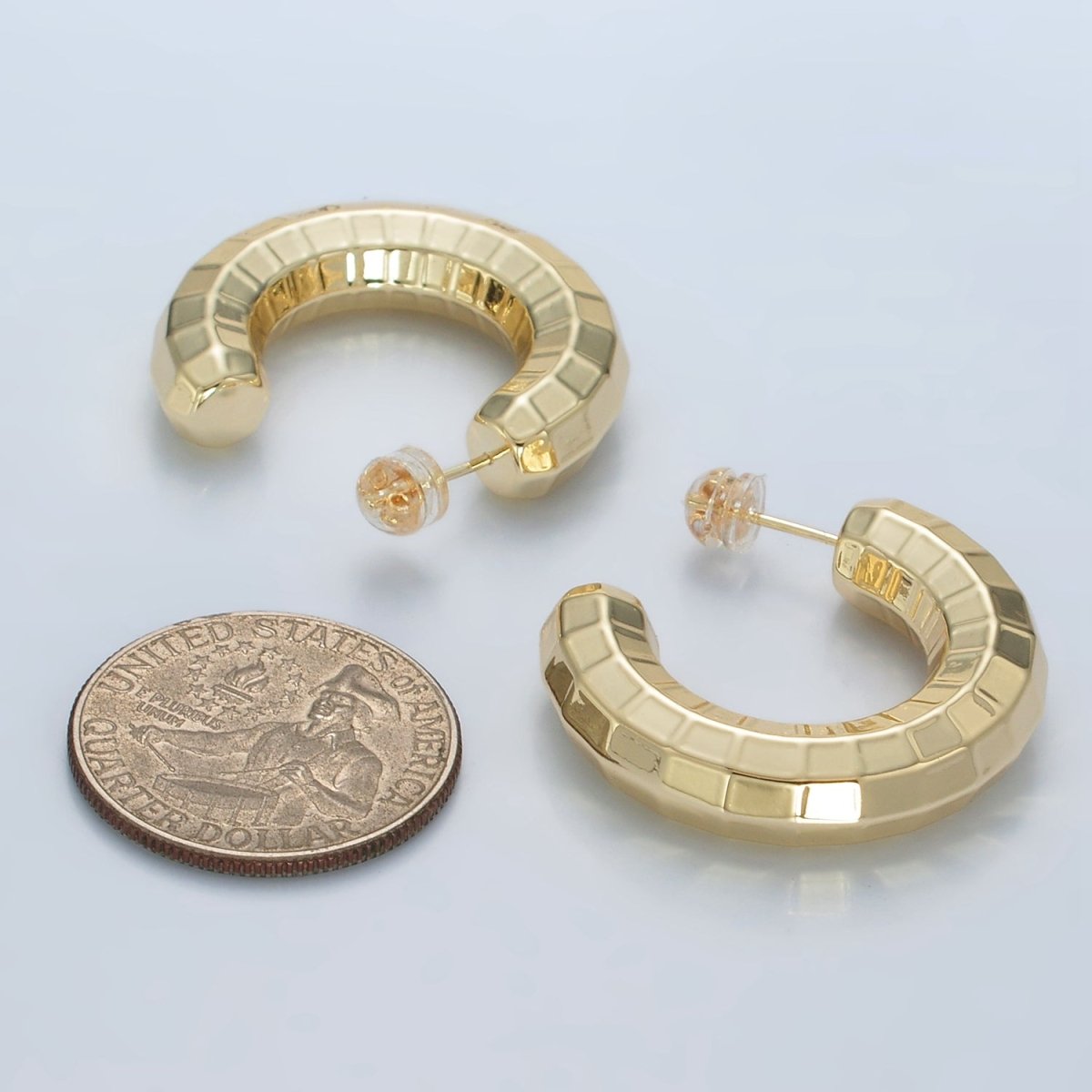 30mm Lightweight Multifaceted C-Shaped Hoop Earrings in Gold & Silver | AD675 AD676