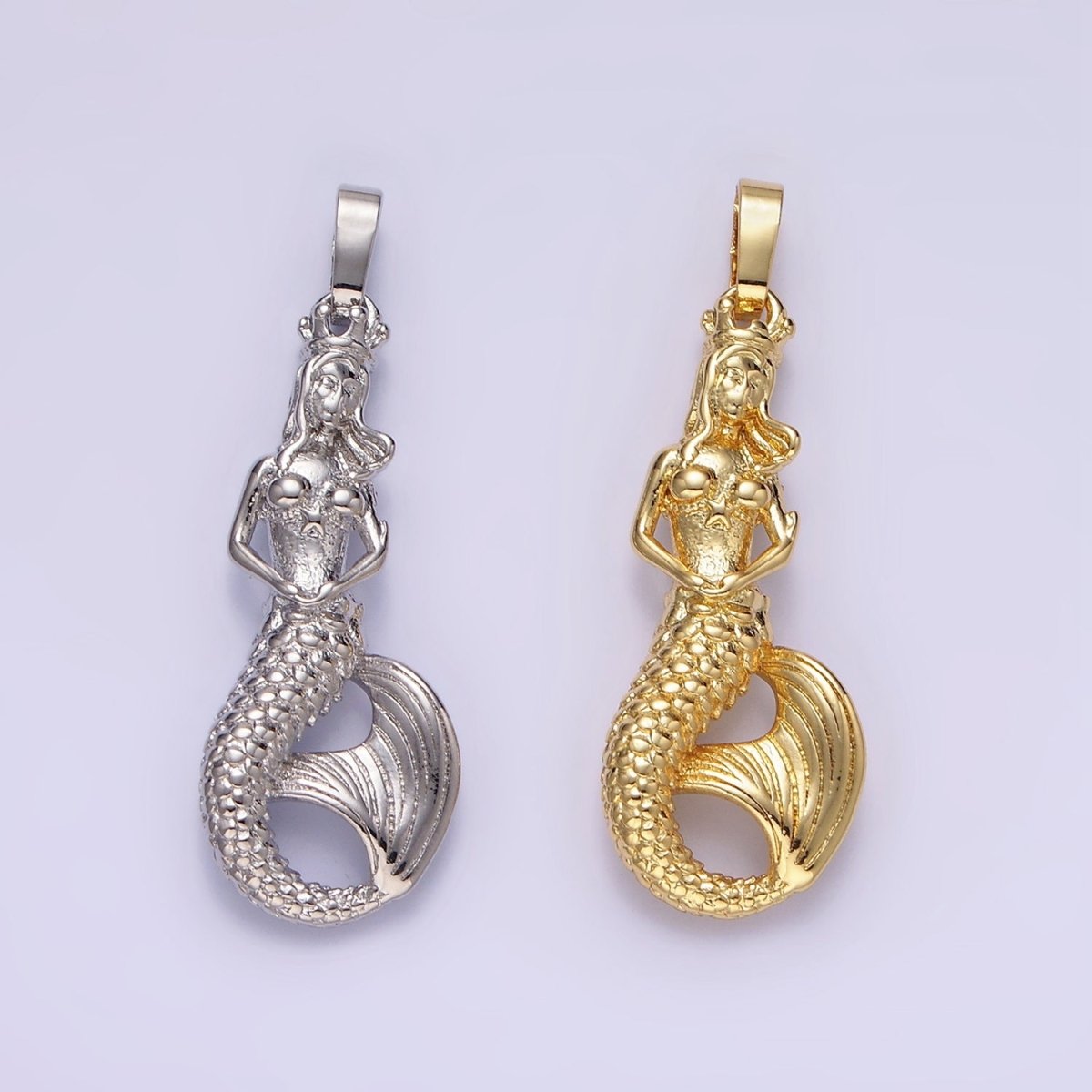 14K Gold Filled 30mm Mermaid Myth Textured Minimalist Solid Pendant in Gold & Silver | AA298