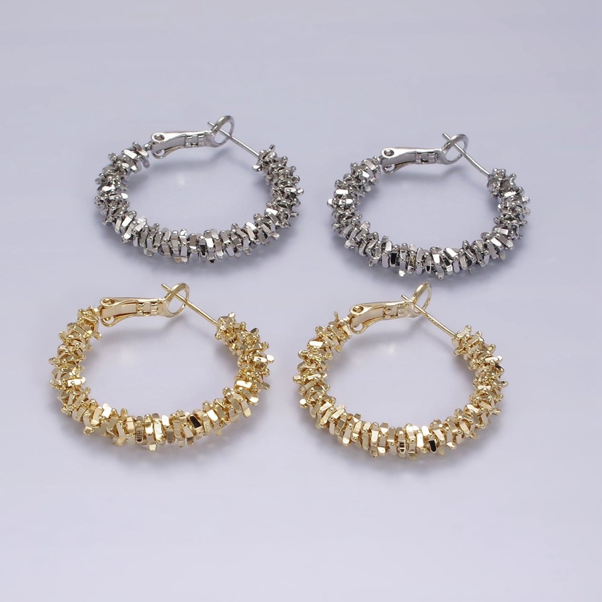 14K Gold Filled 30mm Multiple Geometric Bead Hinge Hoop Earrings in Gold & Silver | AE297 AE298
