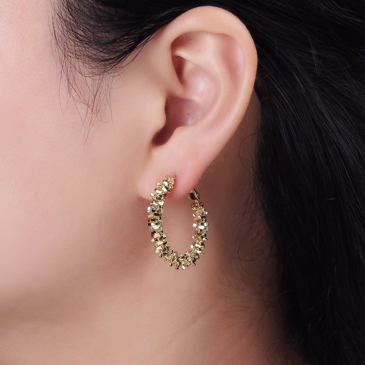 14K Gold Filled 30mm Multiple Geometric Bead Hinge Hoop Earrings in Gold & Silver | AE297 AE298