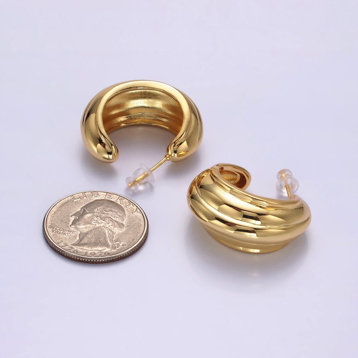 14K Gold Filled 30mm Multiple Line Dome C-Shaped Hoop Earrings in Silver & Gold | AE-104 AE-105