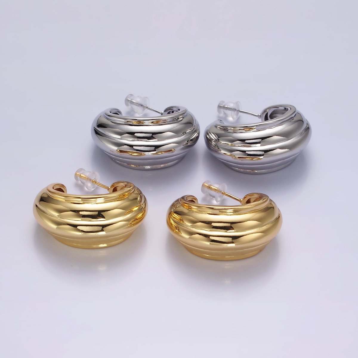 14K Gold Filled 30mm Multiple Line Dome C-Shaped Hoop Earrings in Silver & Gold | AE-104 AE-105