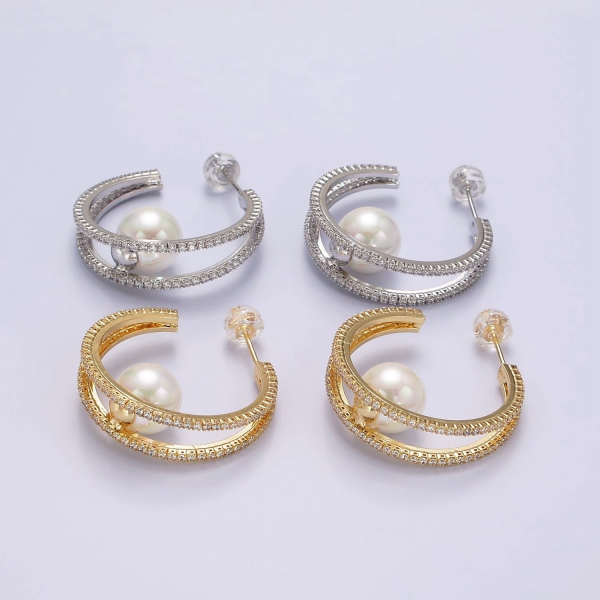 14K Gold Filled 30mm Pearl Double CZ Lined C-Shaped Hoop Earrings in Silver & Gold | AE238 AE239