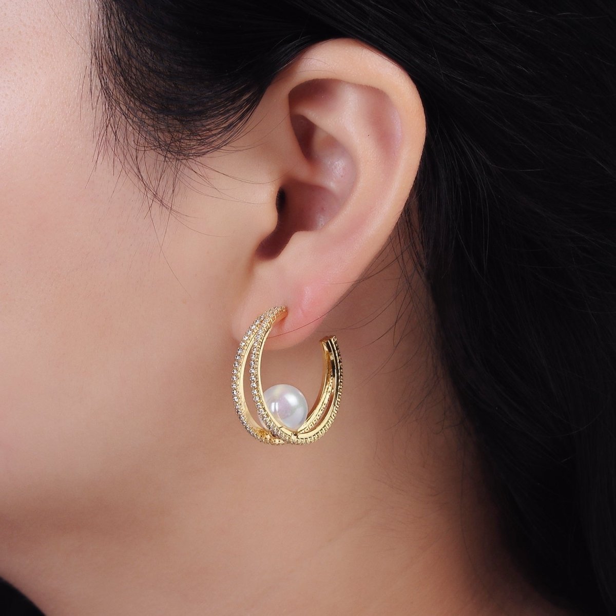 14K Gold Filled 30mm Pearl Double CZ Lined C-Shaped Hoop Earrings in Silver & Gold | AE238 AE239