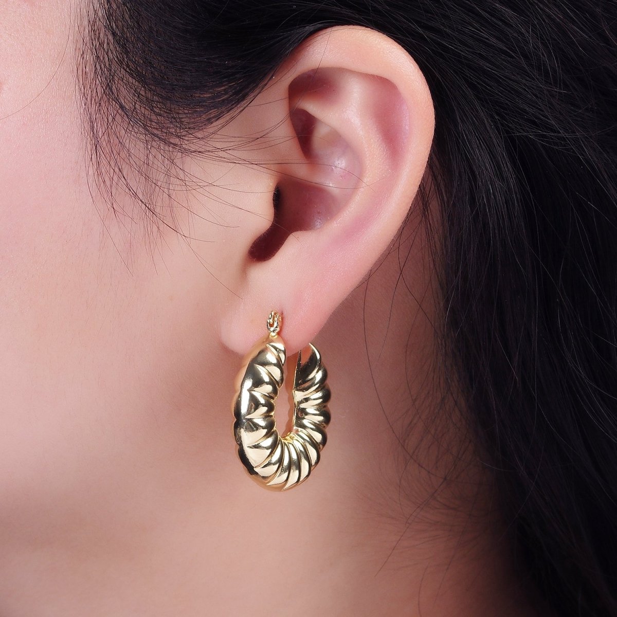 14K Gold Filled 30mm Puffed Chubby Croissant Latch Hoop Earrings | AE381 - DLUXCA