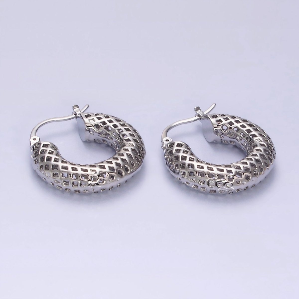 14K Gold Filled 30mm Rhombus Filigree Chubby Hoop French Lock Latch Earrings in Gold & Silver | AE075 AE076