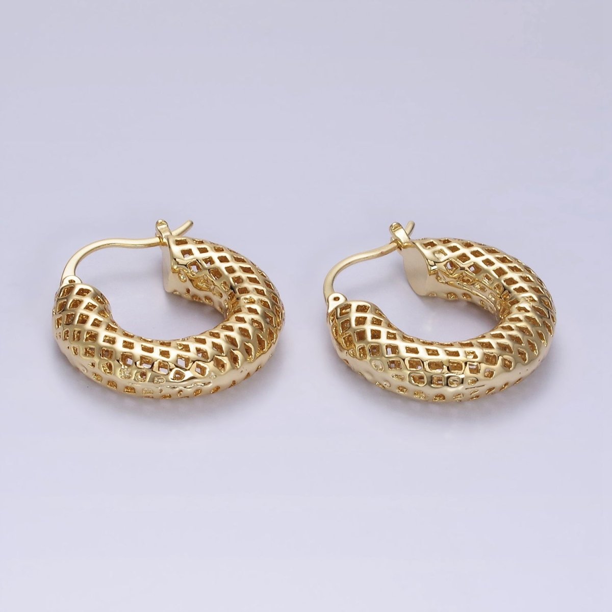 14K Gold Filled 30mm Rhombus Filigree Chubby Hoop French Lock Latch Earrings in Gold & Silver | AE075 AE076