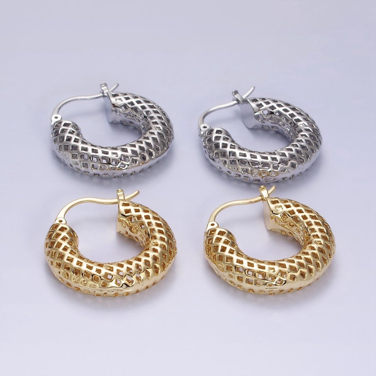 14K Gold Filled 30mm Rhombus Filigree Chubby Hoop French Lock Latch Earrings in Gold & Silver | AE075 AE076