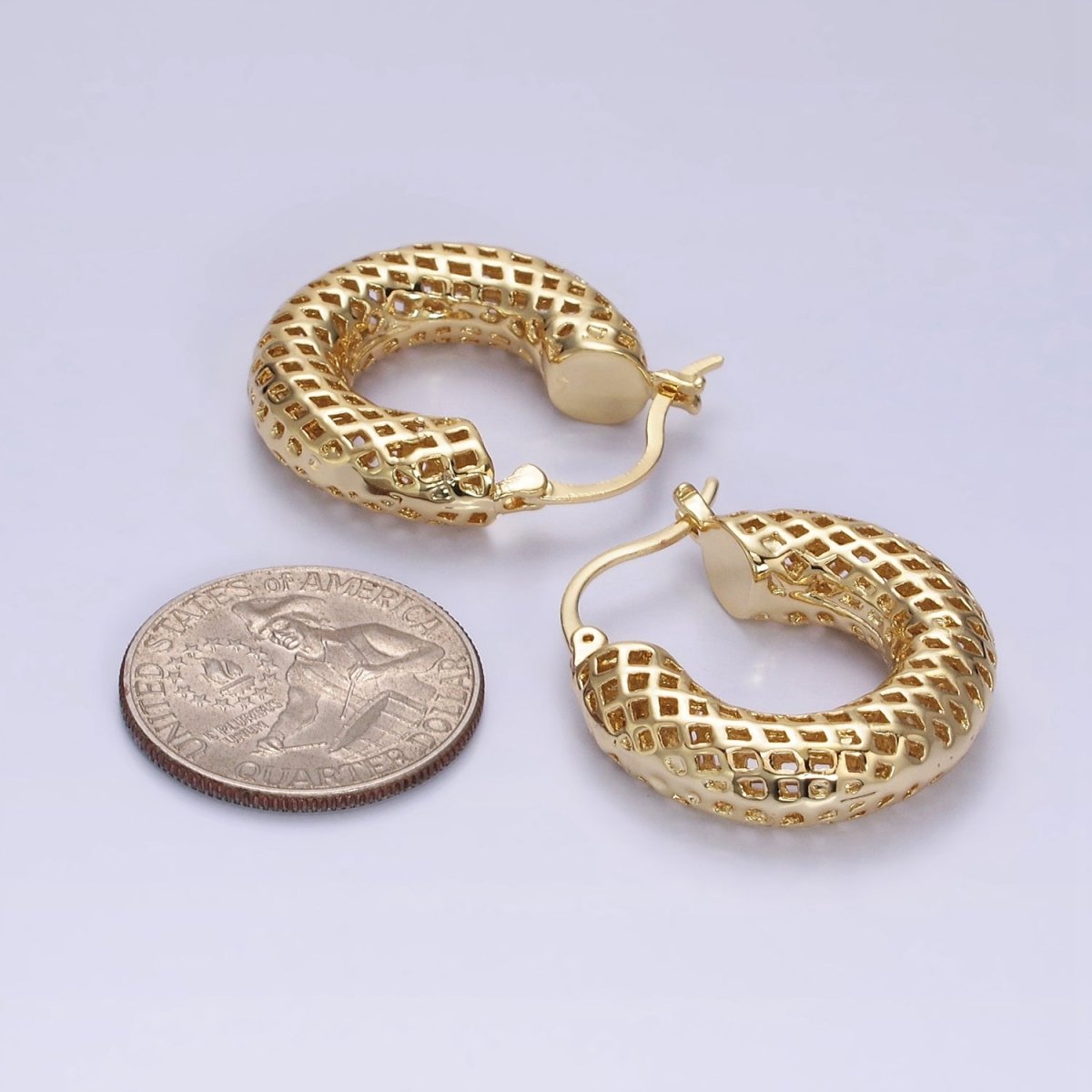 14K Gold Filled 30mm Rhombus Filigree Chubby Hoop French Lock Latch Earrings in Gold & Silver | AE075 AE076