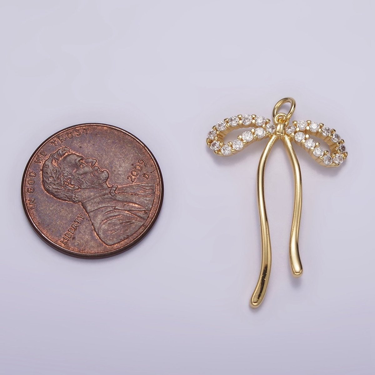 14K Gold Filled 30mm Ribbon Bow Micro Paved CZ Charm in Gold & Silver | AG495