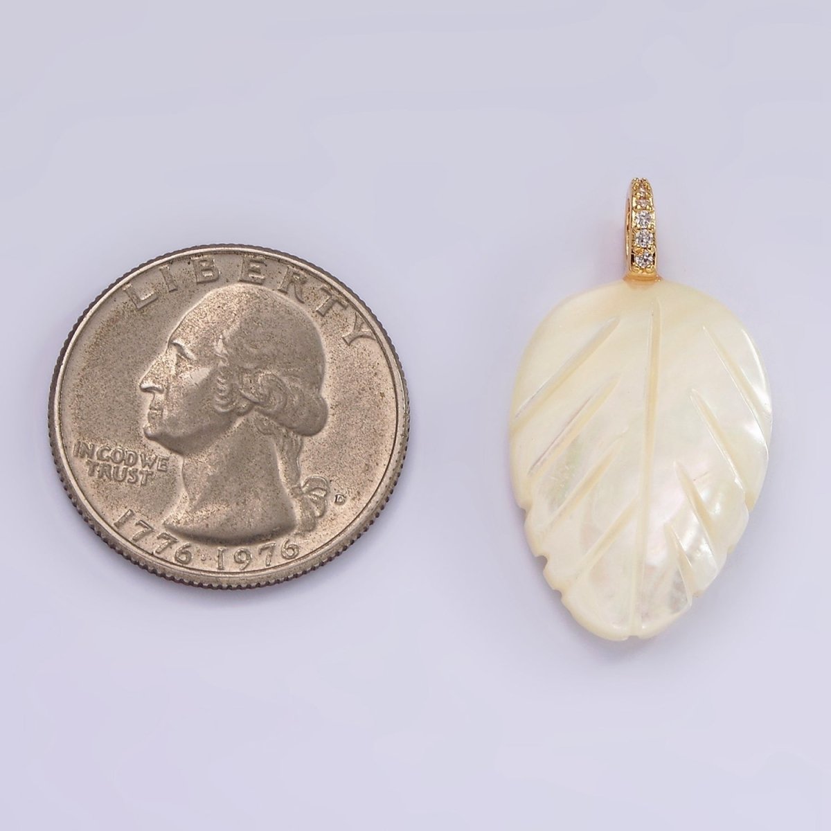 14K Gold Filled 30mm Shell Pearl Leaf Nature Micro Paved CZ Bail Pendant | P1653 - DLUXCA