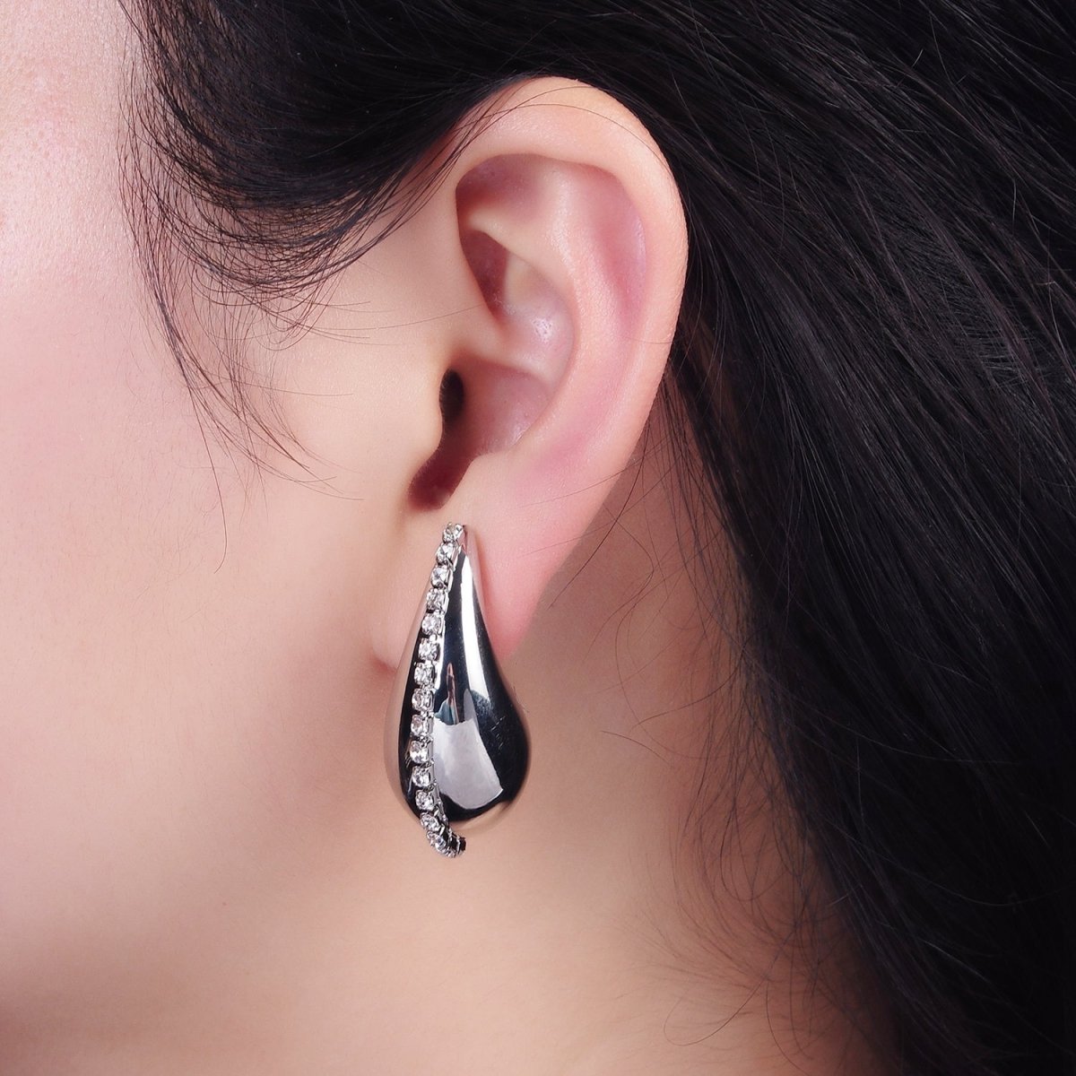 14K Gold Filled 30mm Tennis Lined Chubby Teardrop Hoop Earrings in Gold & Silver | AE387 AE388