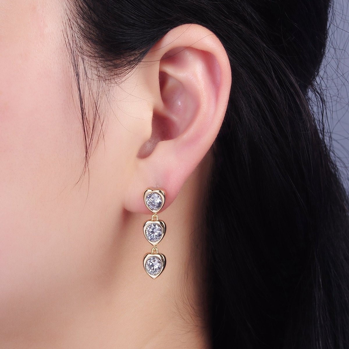 14K Gold Filled 30mm Triple Clear CZ Heart Bezel Drop Stud Earrings | AB1135 - DLUXCA