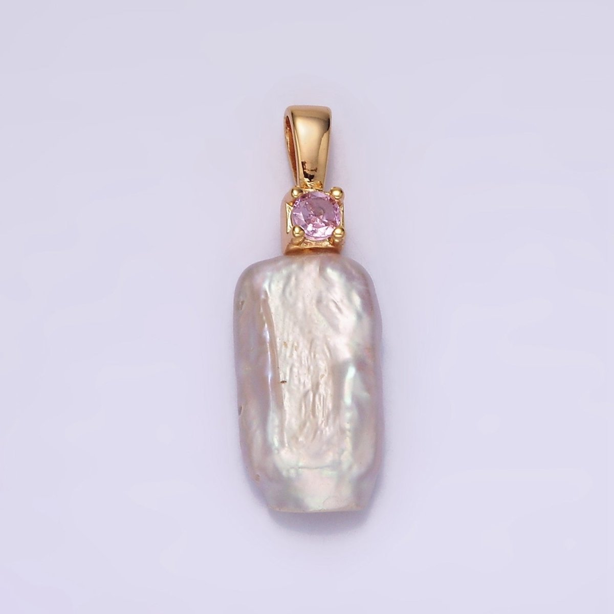 14K Gold Filled 30mm White Rectangular Biwa Freshwater Pearl Green, Pink, Clear, Fuchsia CZ Pendant | P1622 - P1625
