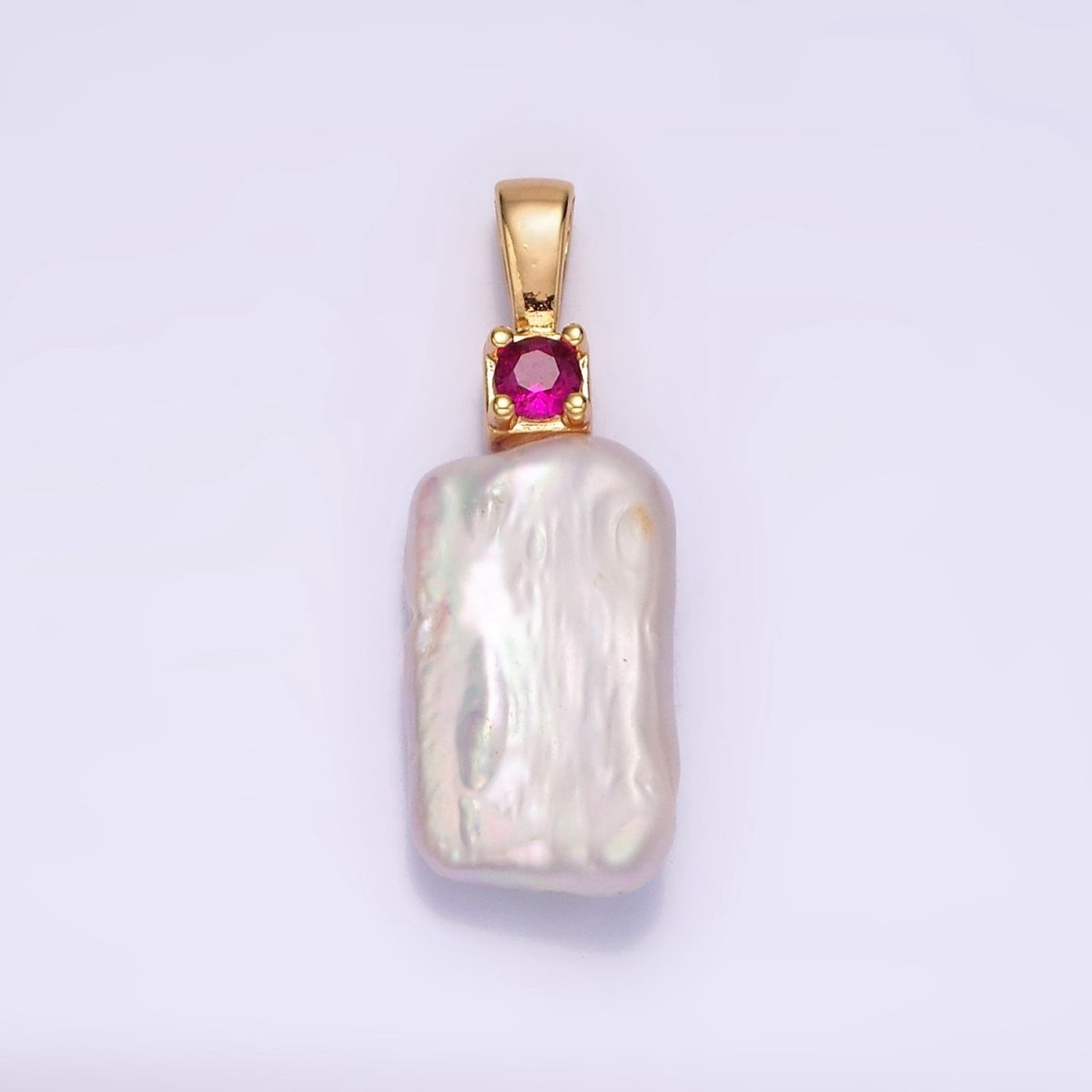 14K Gold Filled 30mm White Rectangular Biwa Freshwater Pearl Green, Pink, Clear, Fuchsia CZ Pendant | P1622 - P1625