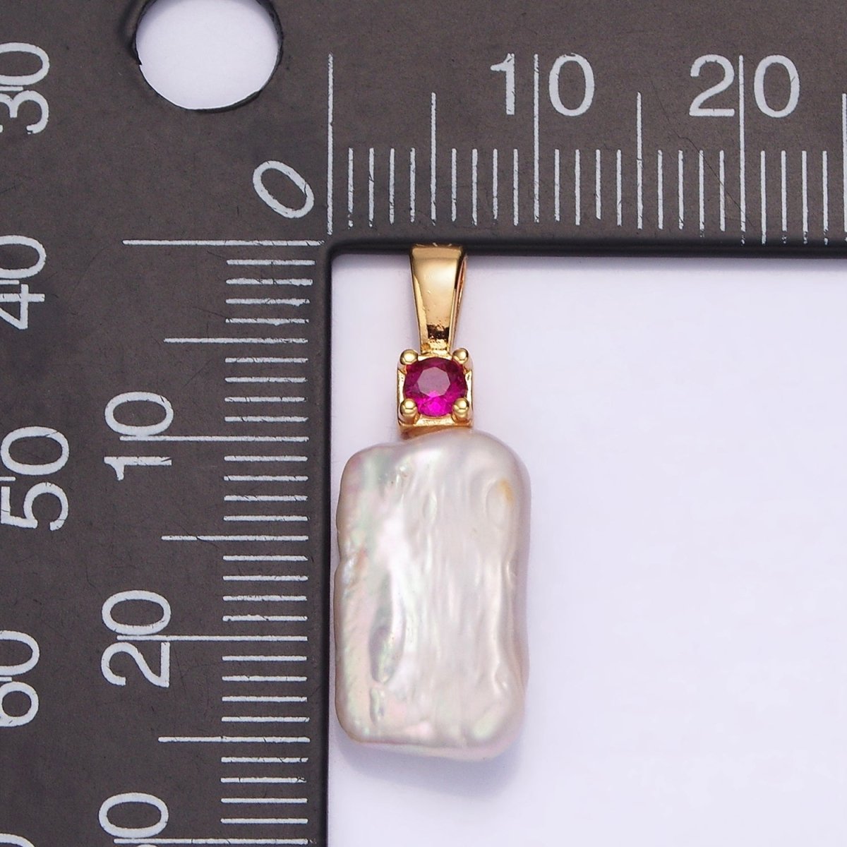14K Gold Filled 30mm White Rectangular Biwa Freshwater Pearl Green, Pink, Clear, Fuchsia CZ Pendant | P1622 - P1625