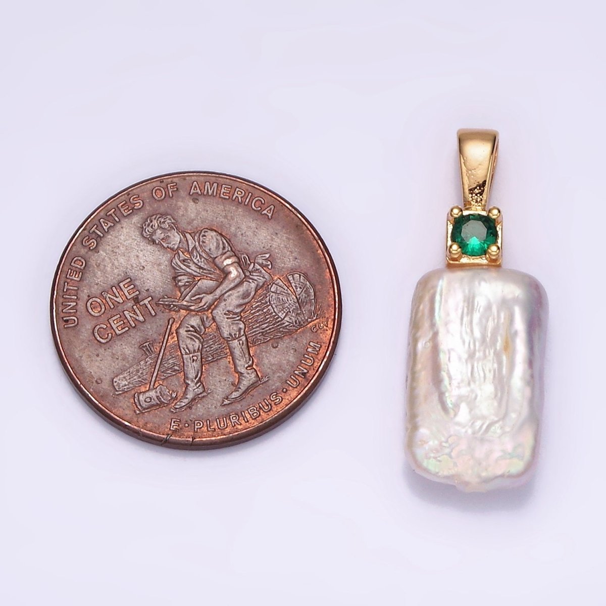 14K Gold Filled 30mm White Rectangular Biwa Freshwater Pearl Green, Pink, Clear, Fuchsia CZ Pendant | P1622 - P1625