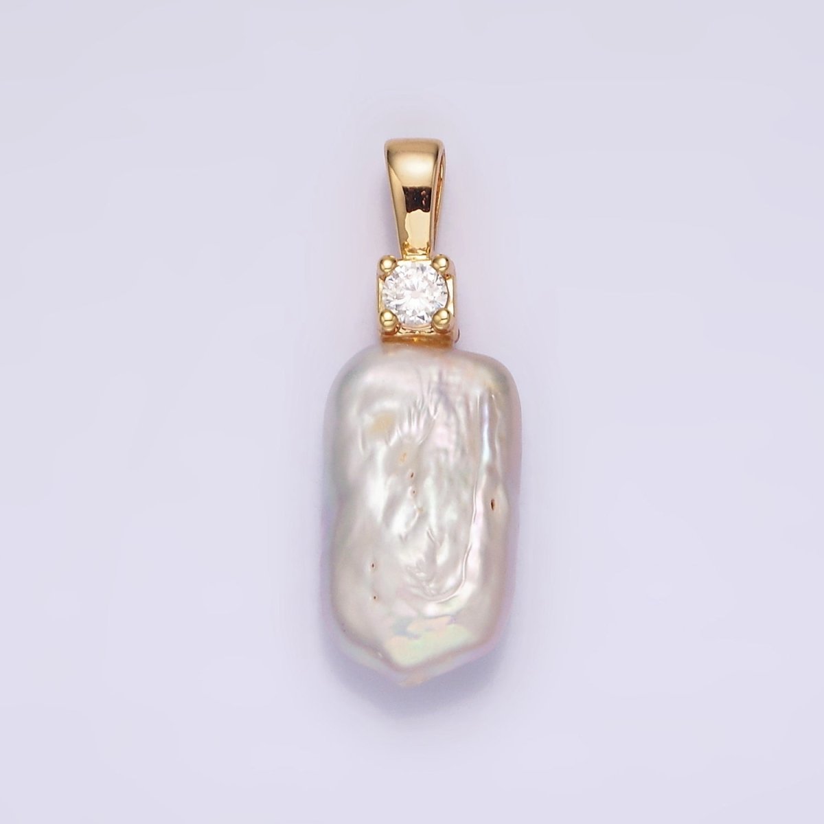 14K Gold Filled 30mm White Rectangular Biwa Freshwater Pearl Green, Pink, Clear, Fuchsia CZ Pendant | P1622 - P1625