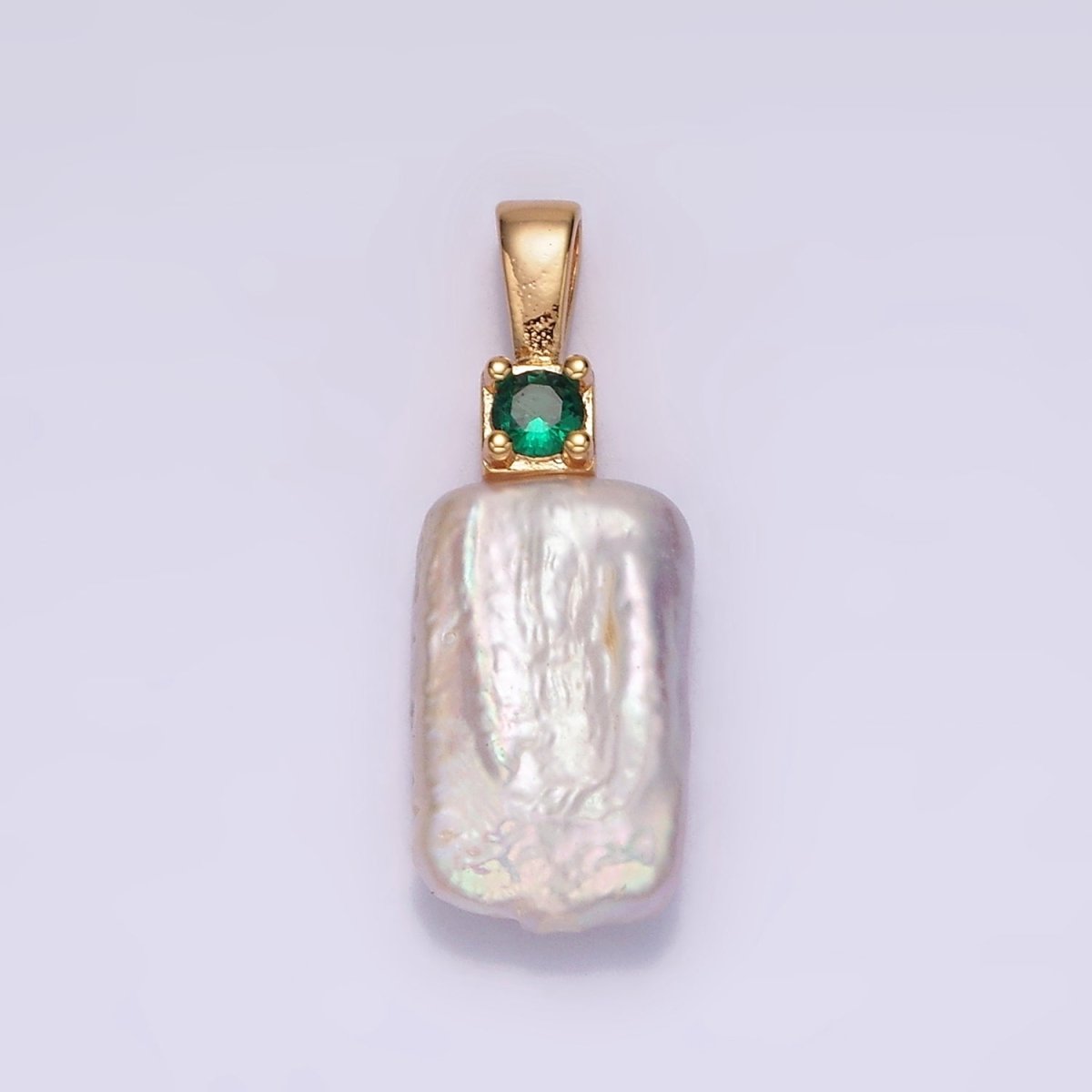 14K Gold Filled 30mm White Rectangular Biwa Freshwater Pearl Green, Pink, Clear, Fuchsia CZ Pendant | P1622 - P1625