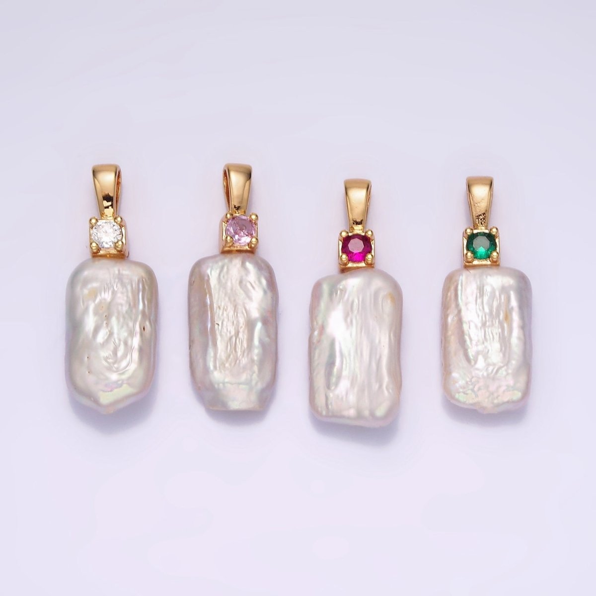 14K Gold Filled 30mm White Rectangular Biwa Freshwater Pearl Green, Pink, Clear, Fuchsia CZ Pendant | P1622 - P1625