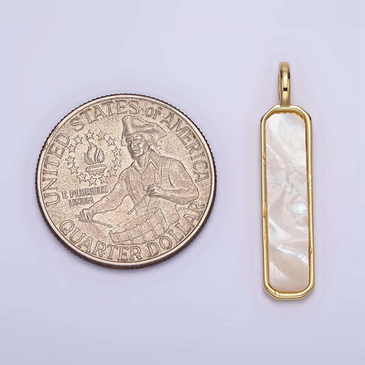 OS 14K Gold Filled 32.5mm Shell Pearl Edged Rectangular Bar Tag Pendant | N1243