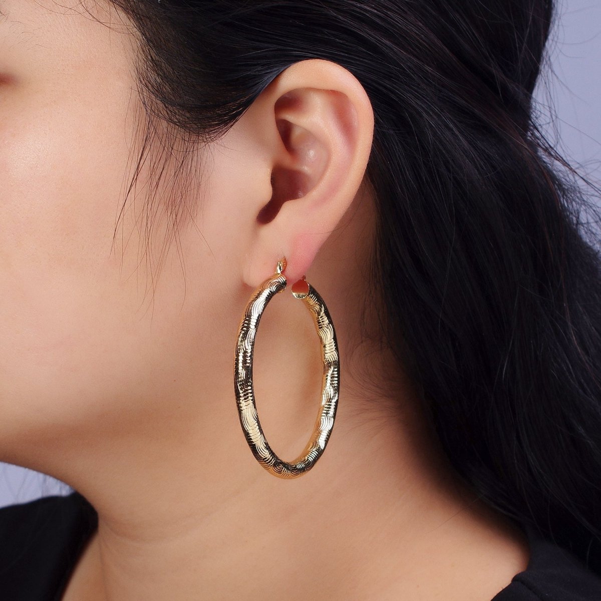 14K Gold Filled 35mm, 45mm, 55mm Curved Line Textured Latch French Lock Hoop Earrings | AE006 -AE008