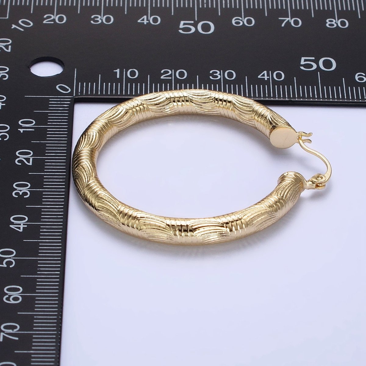 14K Gold Filled 35mm, 45mm, 55mm Curved Line Textured Latch French Lock Hoop Earrings | AE006 -AE008