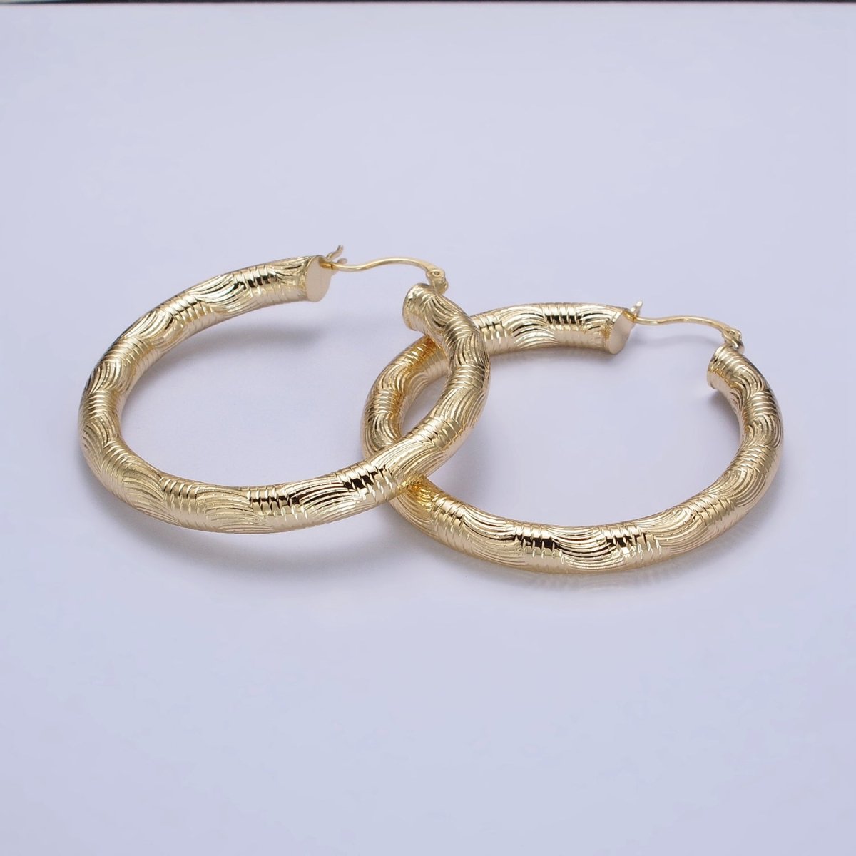 14K Gold Filled 35mm, 45mm, 55mm Curved Line Textured Latch French Lock Hoop Earrings | AE006 -AE008