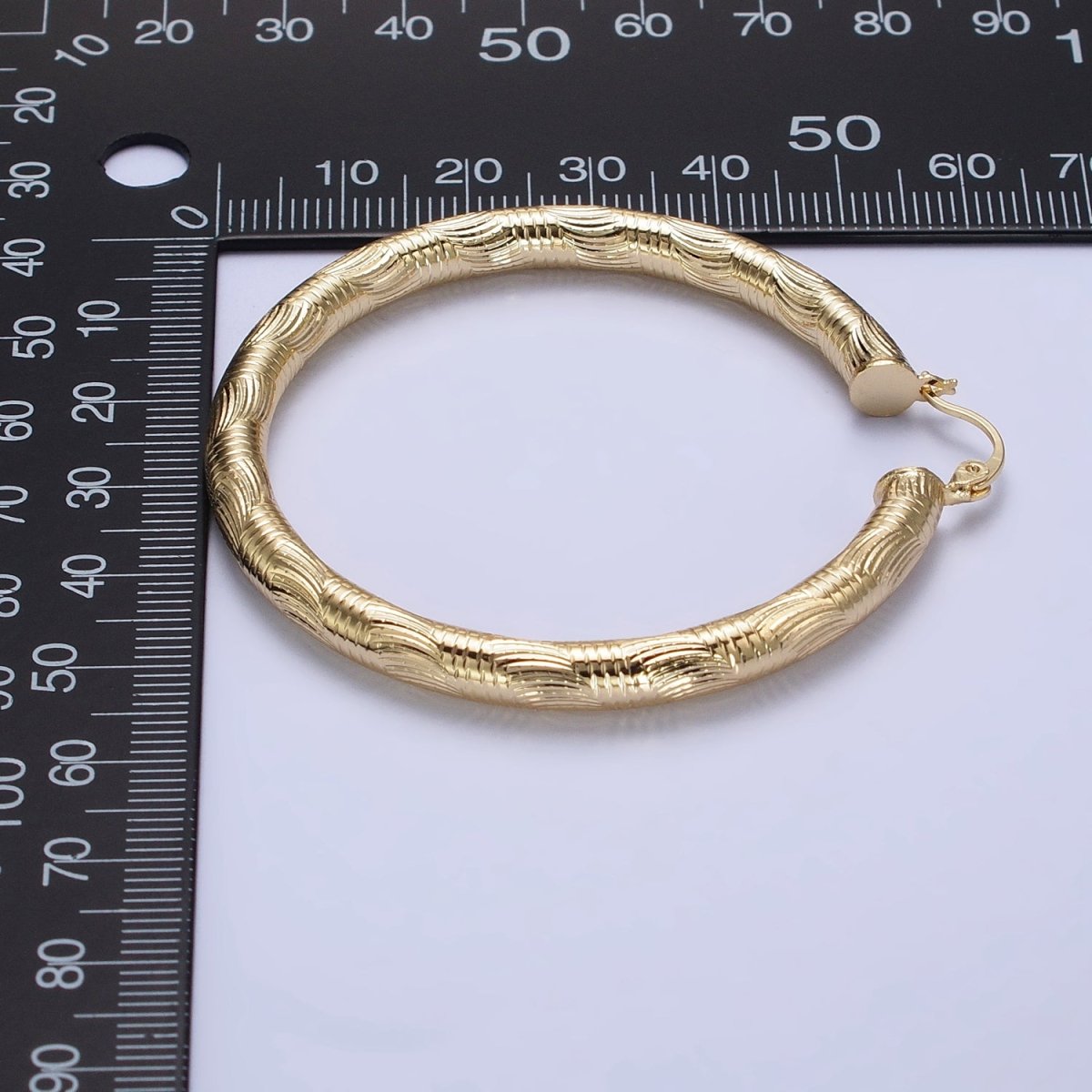 14K Gold Filled 35mm, 45mm, 55mm Curved Line Textured Latch French Lock Hoop Earrings | AE006 -AE008
