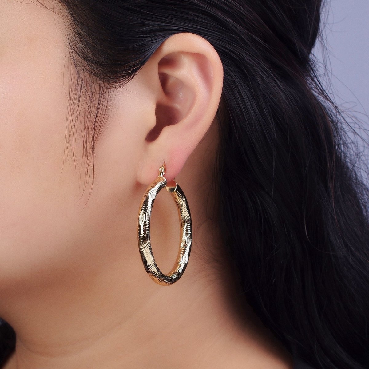 14K Gold Filled 35mm, 45mm, 55mm Curved Line Textured Latch French Lock Hoop Earrings | AE006 -AE008
