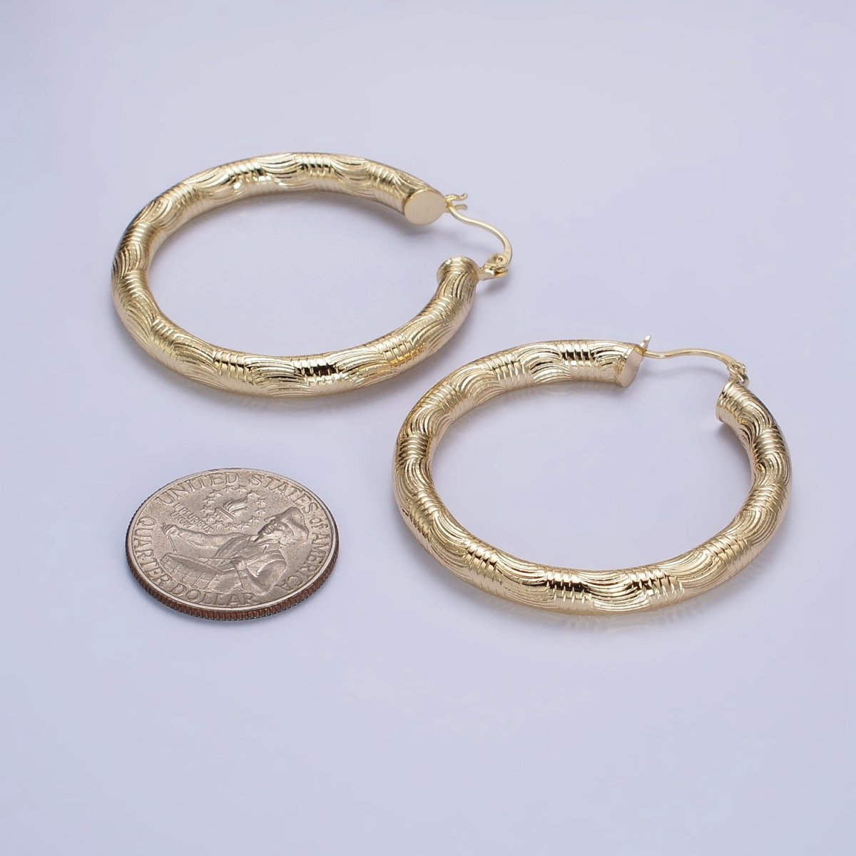 14K Gold Filled 35mm, 45mm, 55mm Curved Line Textured Latch French Lock Hoop Earrings | AE006 -AE008