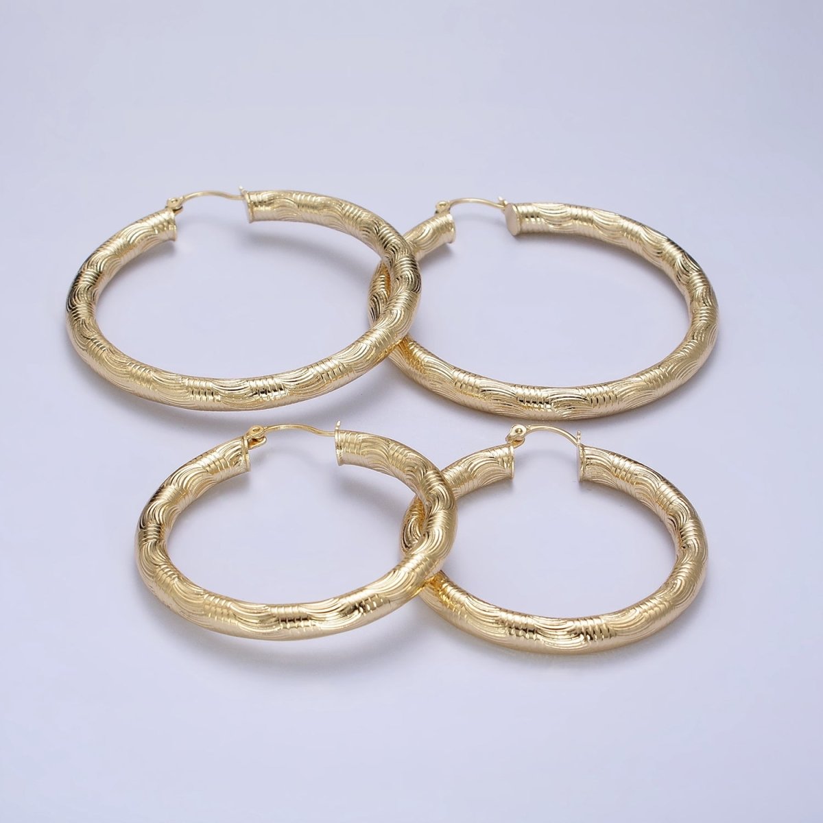 14K Gold Filled 35mm, 45mm, 55mm Curved Line Textured Latch French Lock Hoop Earrings | AE006 -AE008