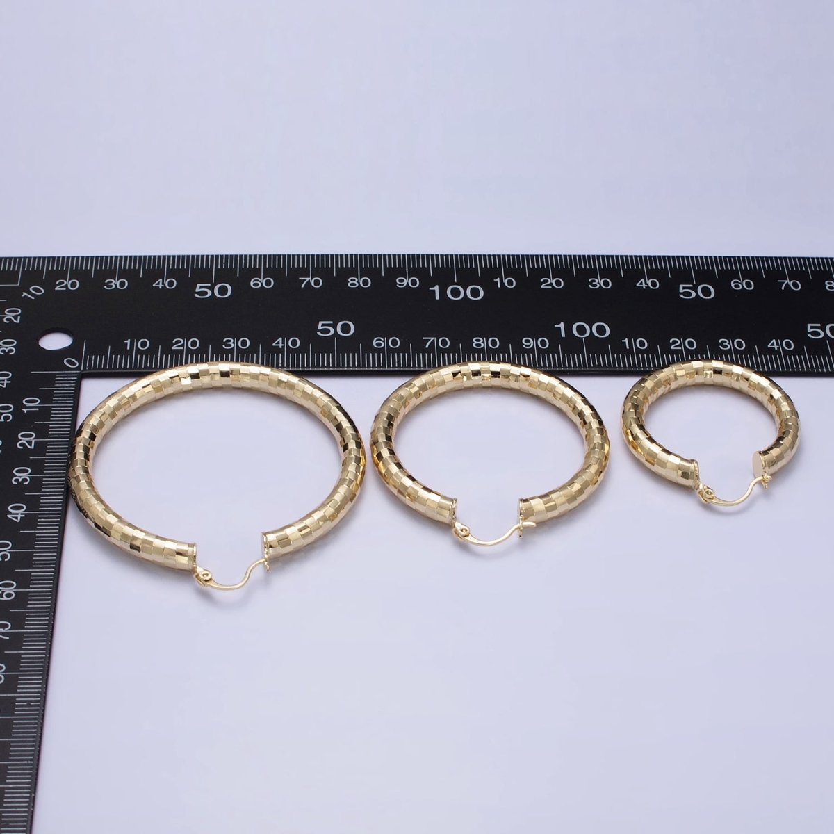 14K Gold Filled 35mm, 45mm, 55mm Line Textured Geometric Hoop French Lock Latch Earrings | AE-004 AE-005 AE-048